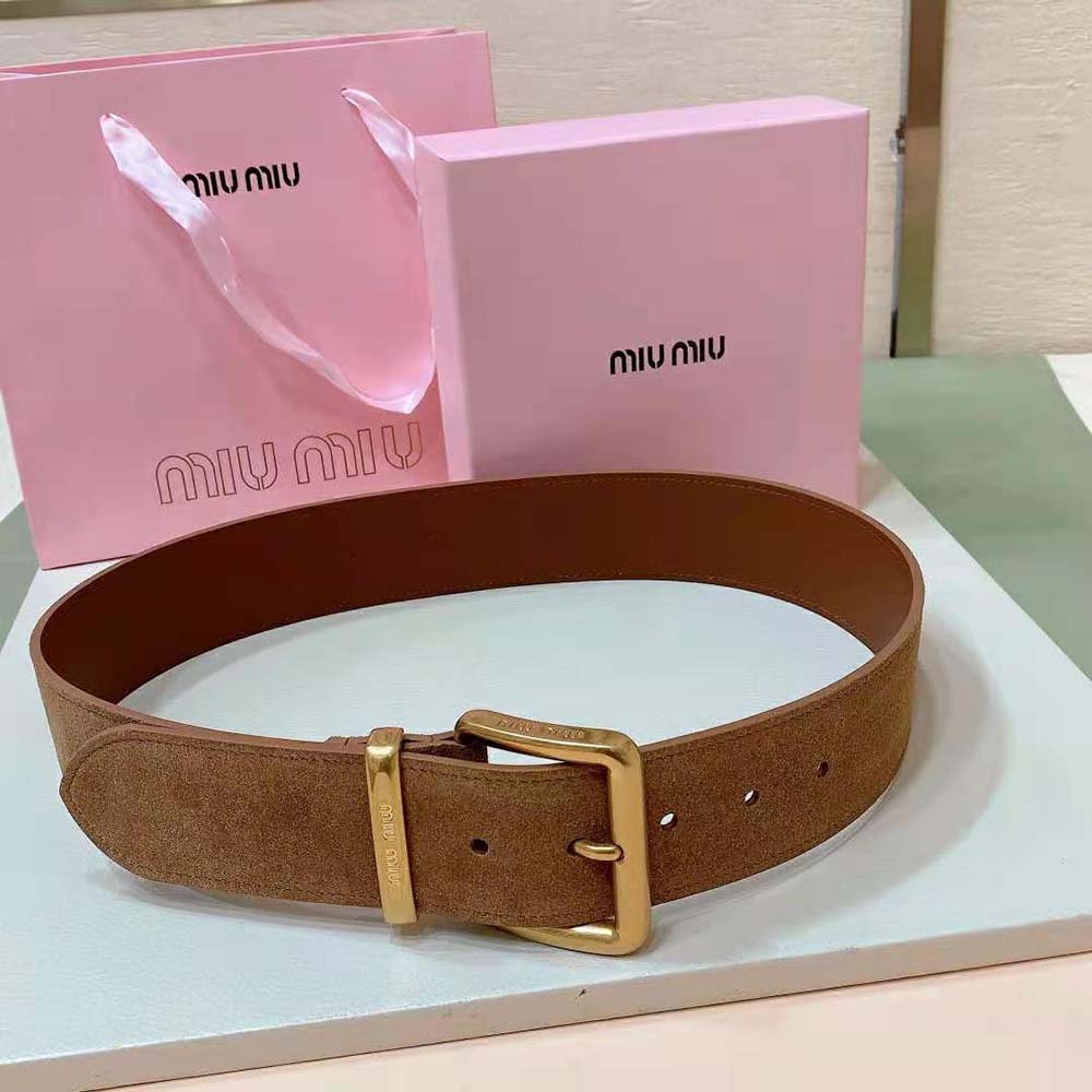 Close-up detail of soft brown suede texture on Miu Miu Women Suede Belt-Brown