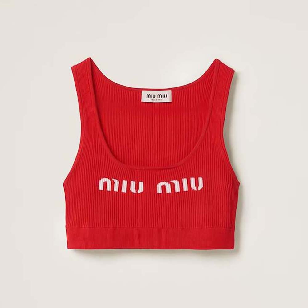 Front view of Miu Miu Women Viscose Top-MMV076_12TJ_F0011 in vibrant red