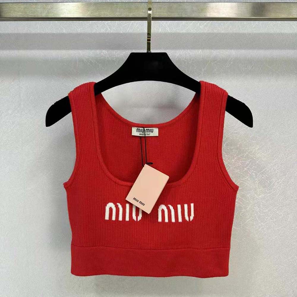 Close-up detail of embroidered logo on Miu Miu Women Viscose Top-MMV076_12TJ_F0011