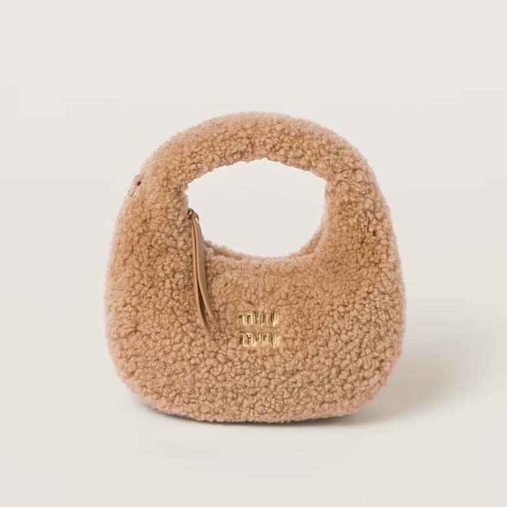Front view of Miu Miu Women Wander Shearling Hobo Bag with Leather Details-Sandy