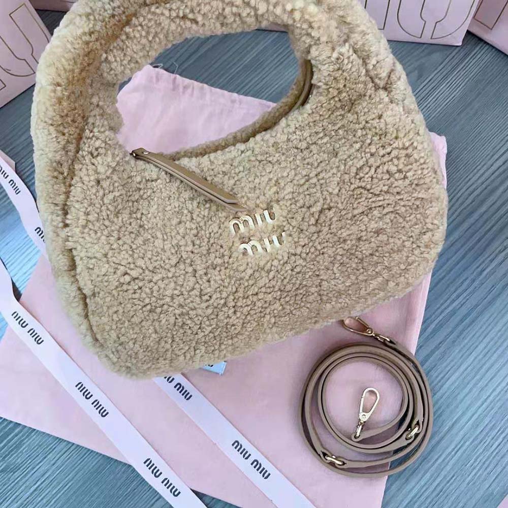 Miu Miu Women Wander Shearling Hobo Bag with Leather Details-Sandy - image 6