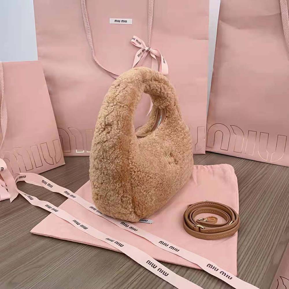 Miu Miu Women Wander Shearling Hobo Bag with Leather Details-Sandy - image 4