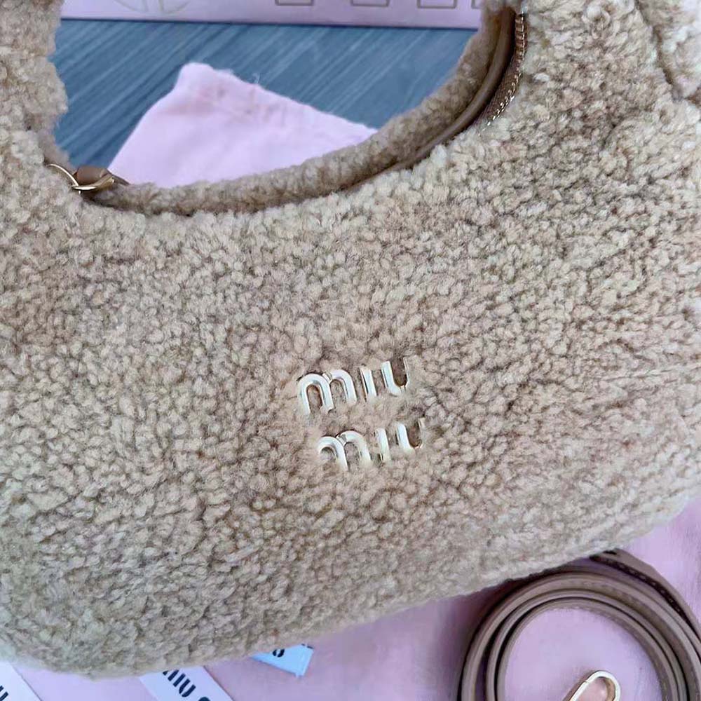 Miu Miu Women Wander Shearling Hobo Bag with Leather Details-Sandy - image 8