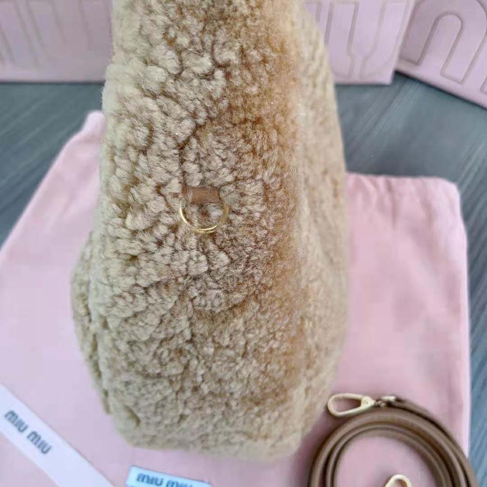Miu Miu Women Wander Shearling Hobo Bag with Leather Details-Sandy - image 7