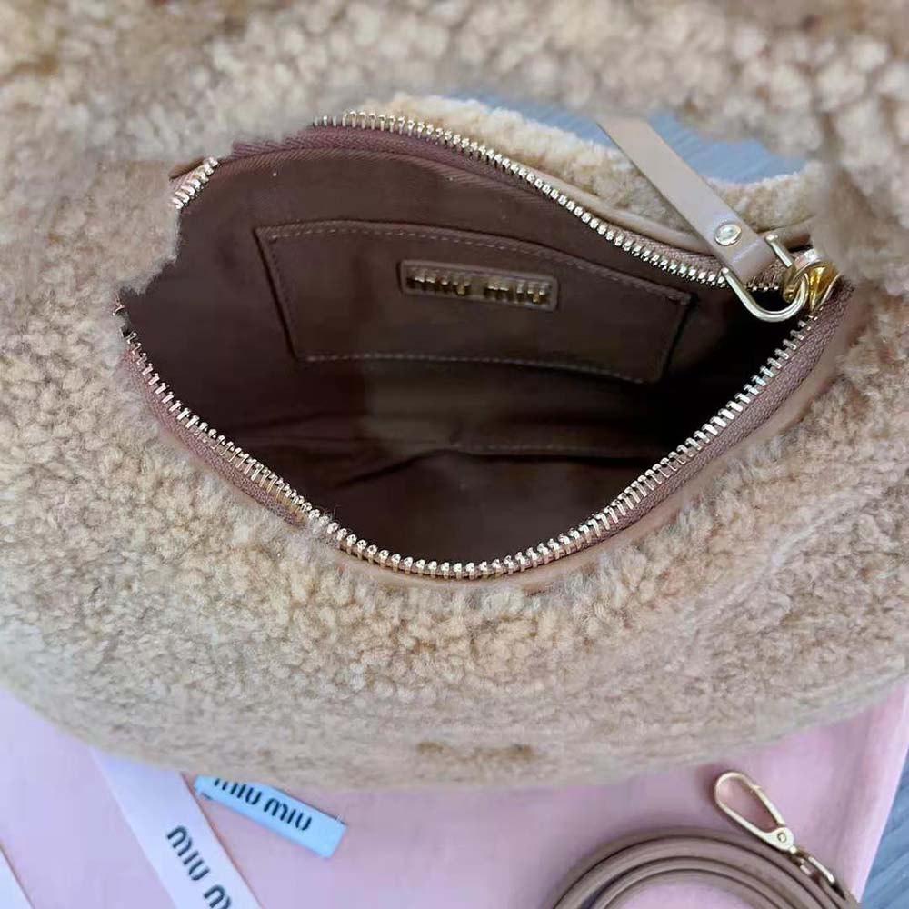 Miu Miu Women Wander Shearling Hobo Bag with Leather Details-Sandy - image 9