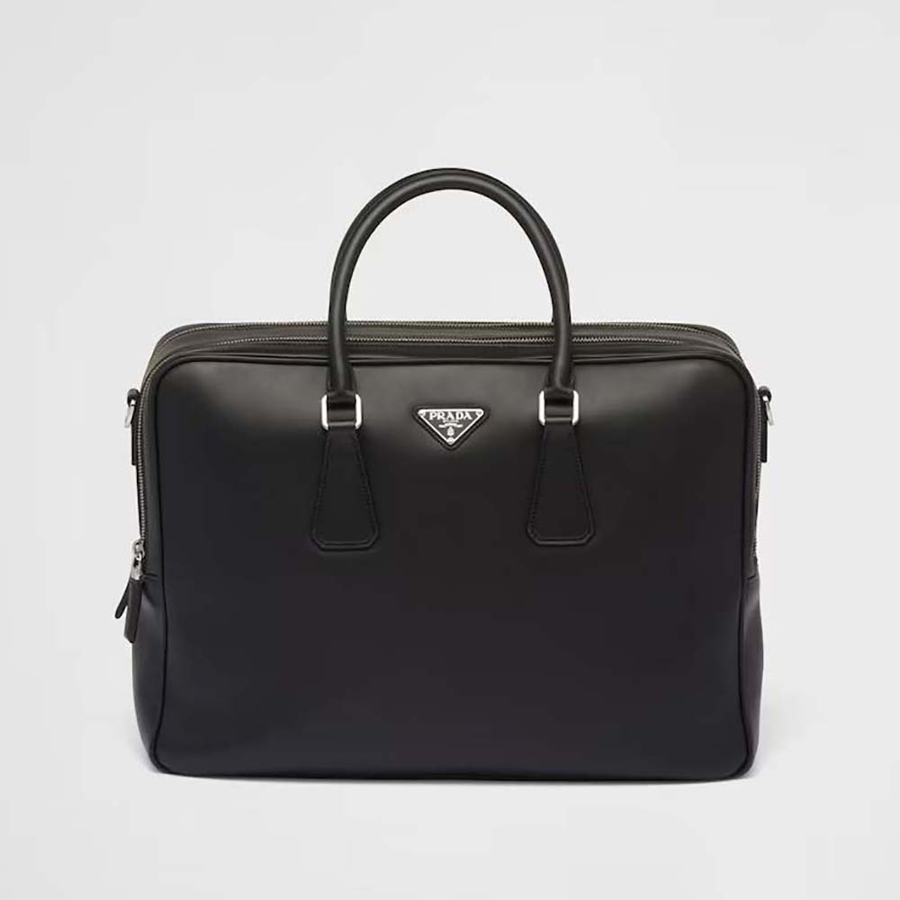 Front view of Prada Men Leather Briefcase with Enameled Metal Triangle Logo