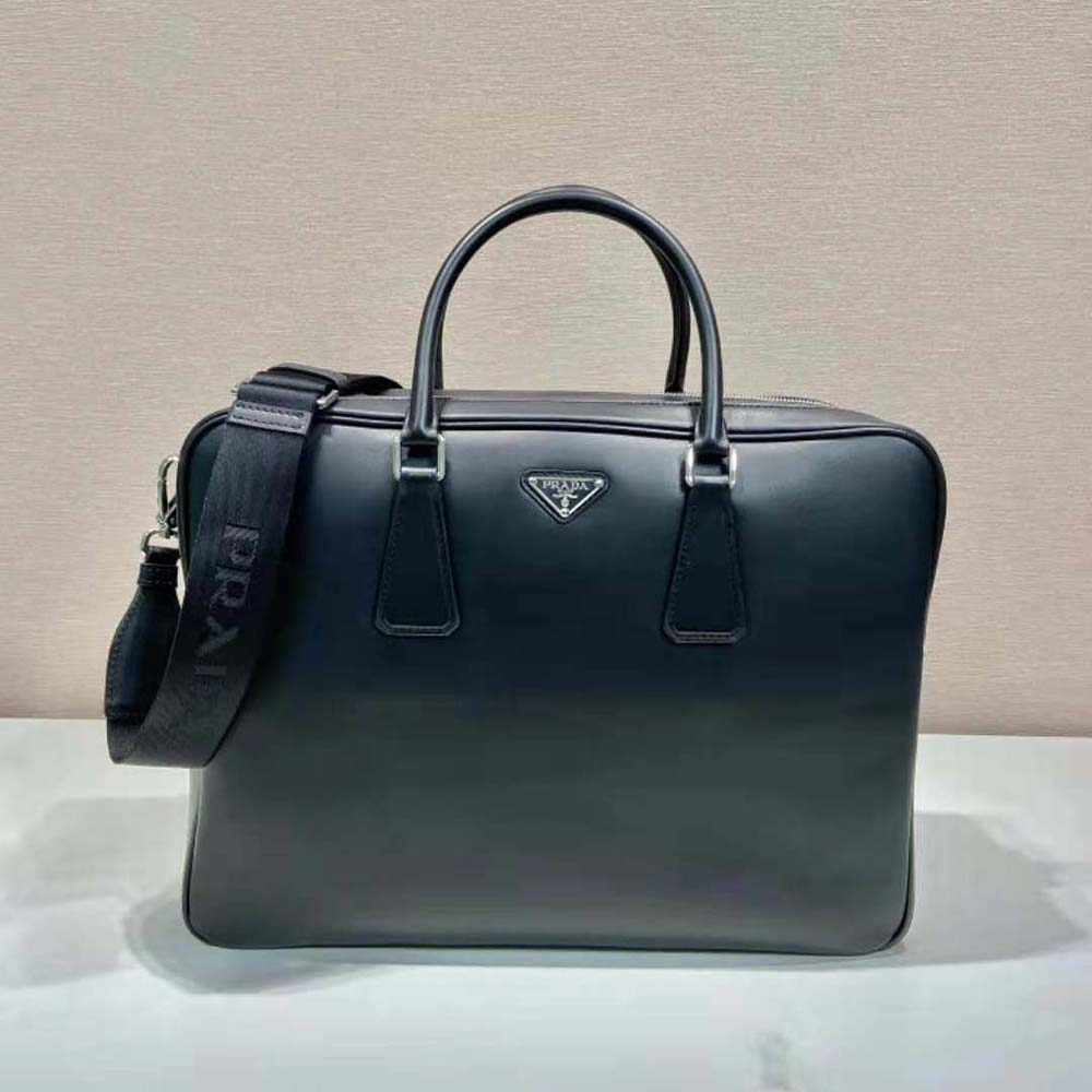 Side angle showing compact silhouette of Prada Men Leather Briefcase