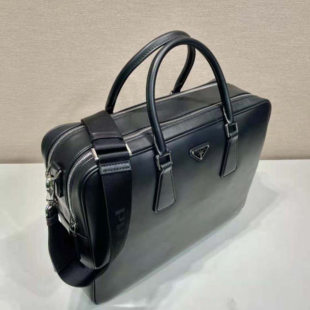 Prada Men Leather Briefcase with Enameled Metal Triangle Logo-2VE025 - image 6