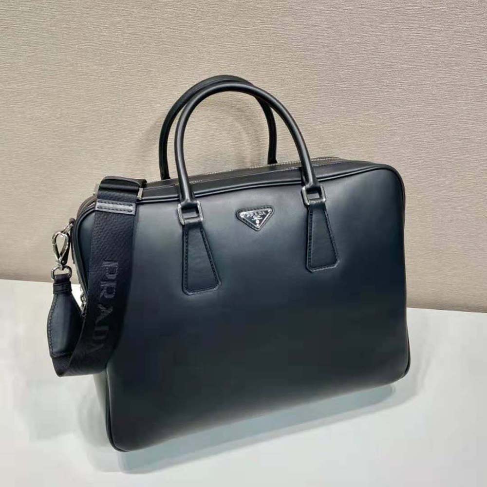 Prada Men Leather Briefcase with Enameled Metal Triangle Logo-2VE025 - image 5