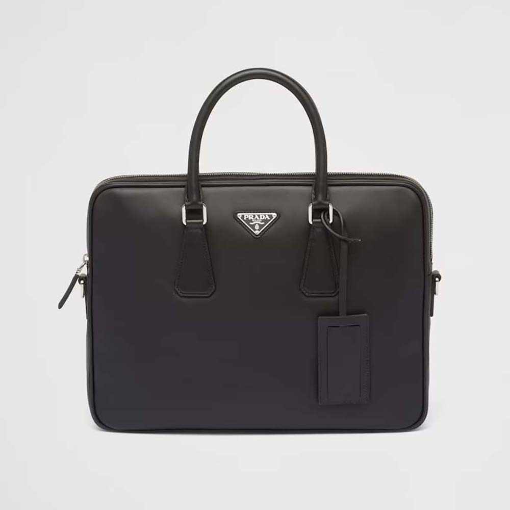 Front view of Prada Men Leather Briefcase with Name Tag in black leather