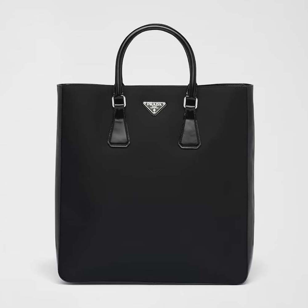 Front view of Prada Men Re-Nylon and Brushed Leather Tote Bag in black