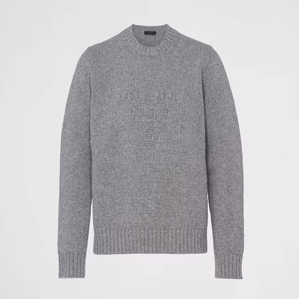 Front view of Prada Men Wool and Cashmere Crew-neck Sweater-Silver
