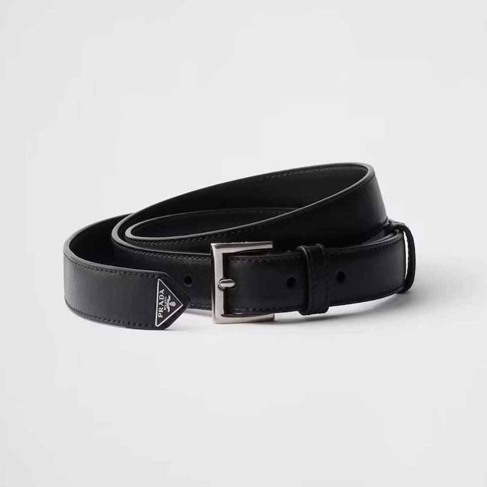 Front view of Prada Unisex N Leather Belt with Triangle Logo buckle