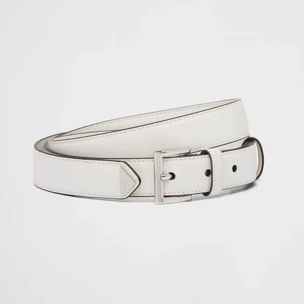 Prada Unisex N Leather Belt with Enameled-metal Triangle Logo-White