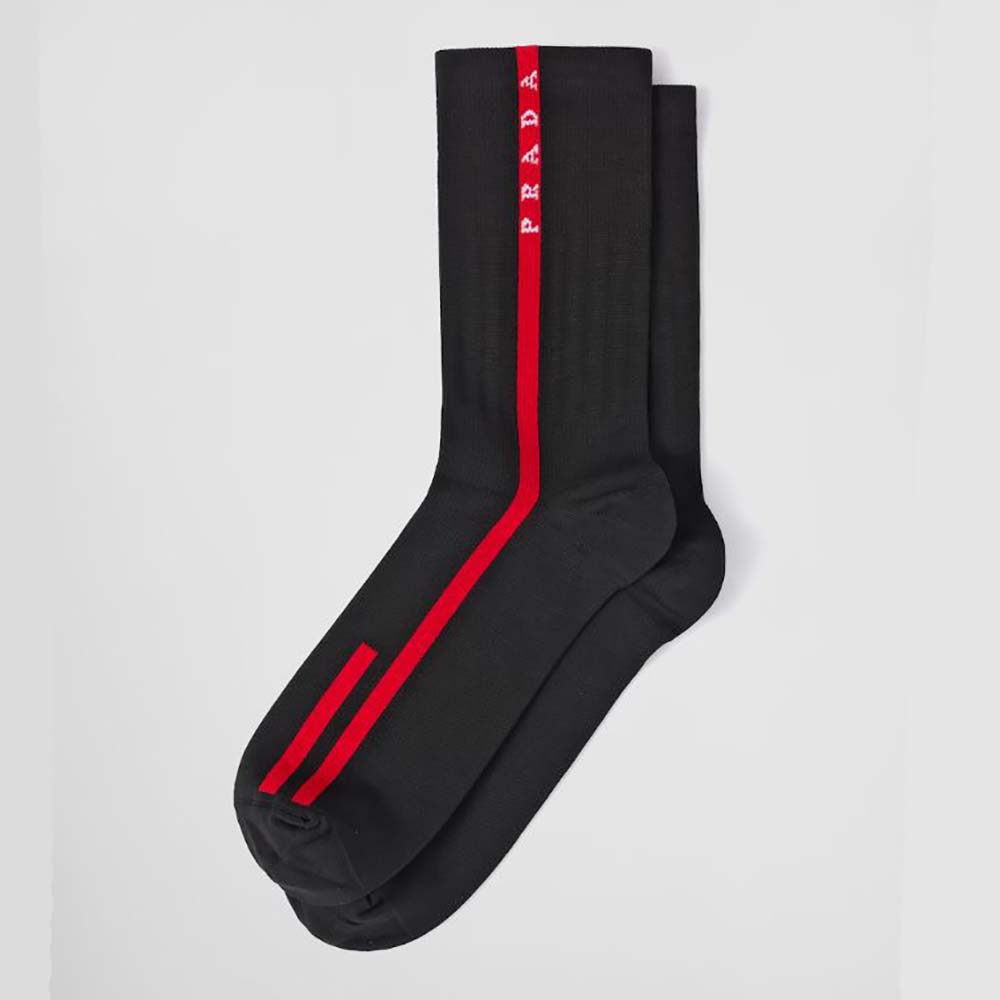 Close-up of Prada Unisex Technical Yarn Ankle Socks-Black cuff logo detail