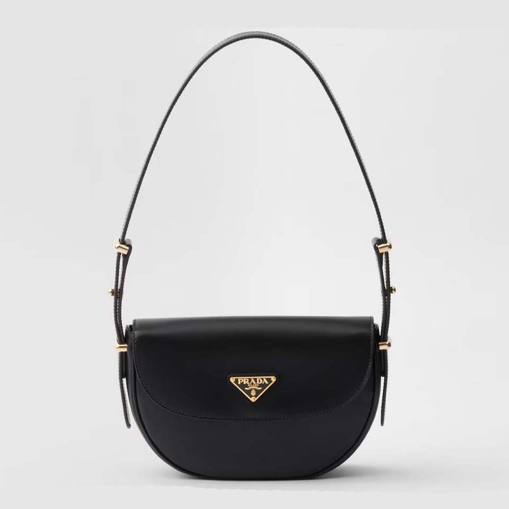 Front view of Prada Women Arqué Leather Shoulder Bag with Flap-Black
