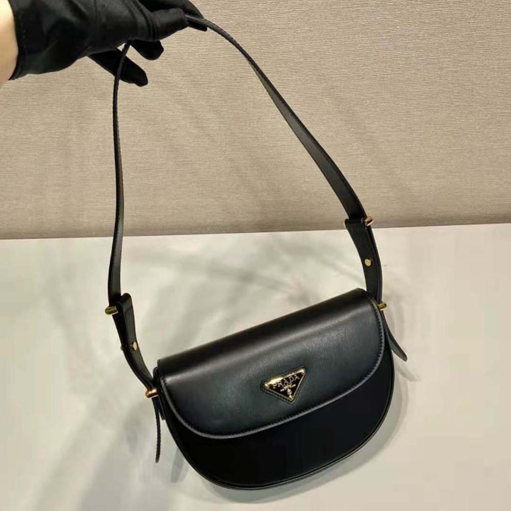 Prada Women Arqué Leather Shoulder Bag with Flap-Black - image 4
