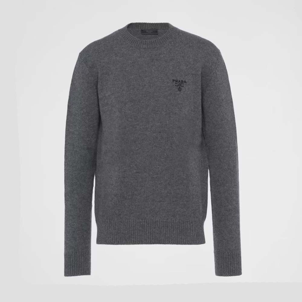 Front view of Prada Women Cashmere Sweater with Embroidered Logo-Gray