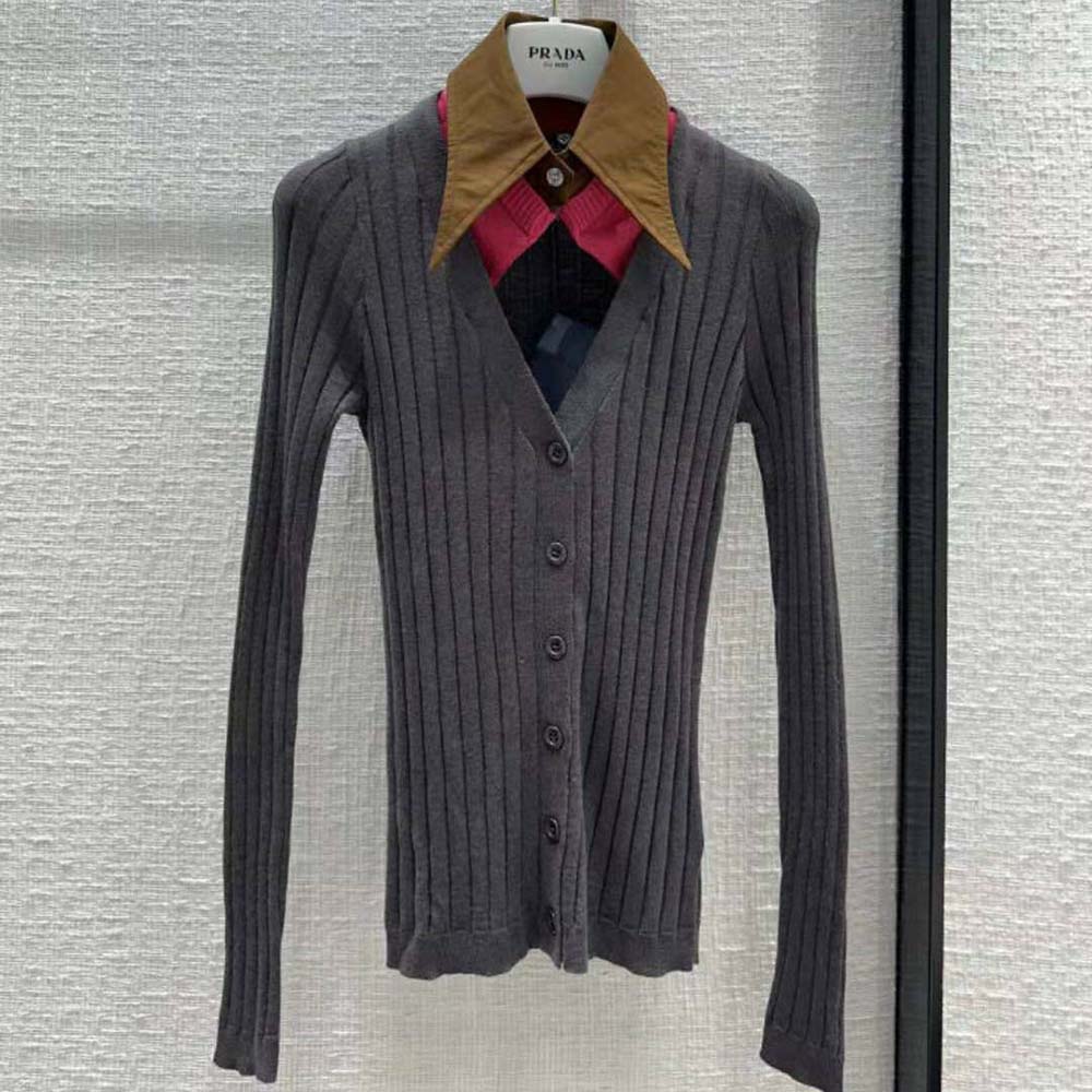 Close-up of cashmere silk fabric and collar detail on Prada cardigan