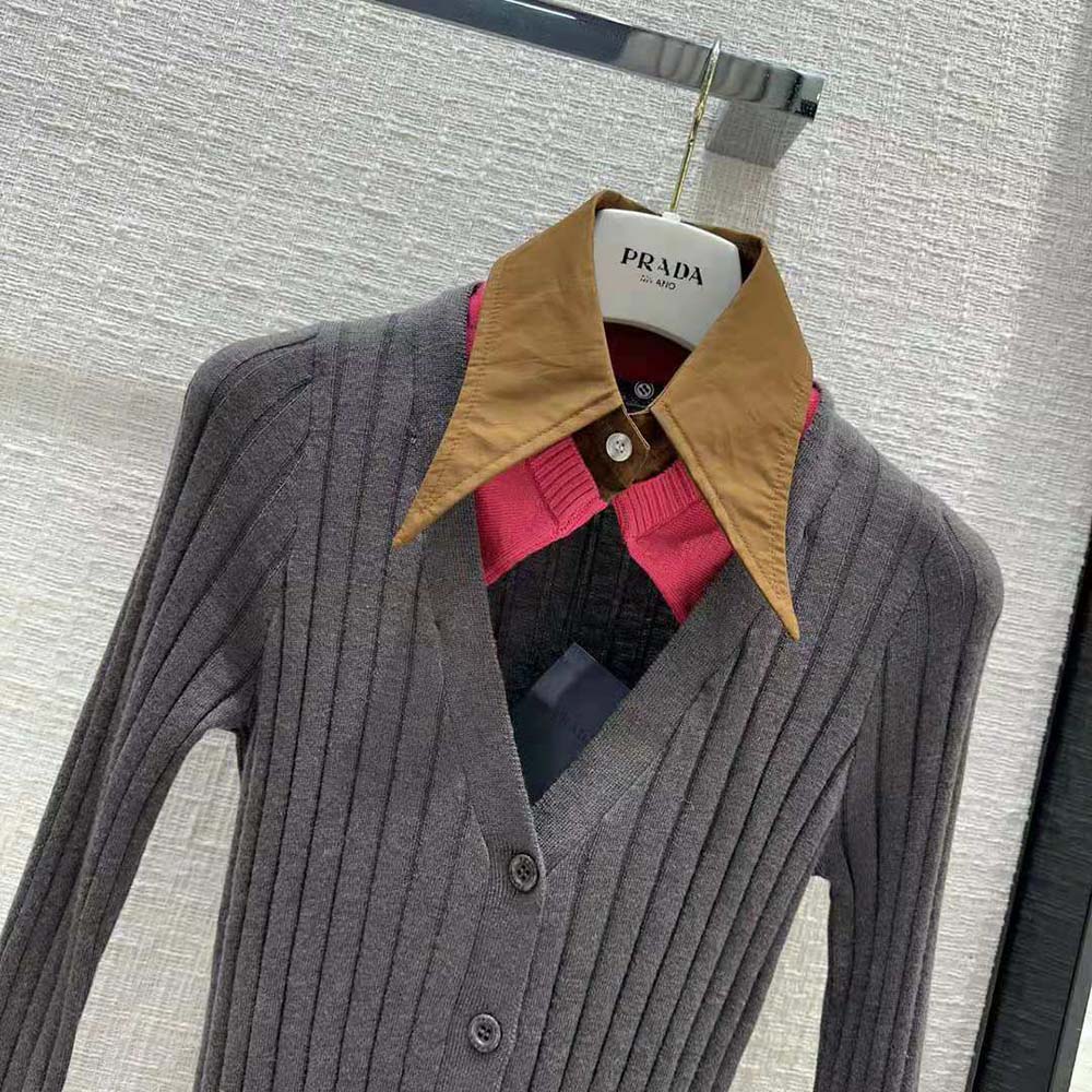 Prada Women Cashmere and Silk Cardigan with Collar-Gray - image 4