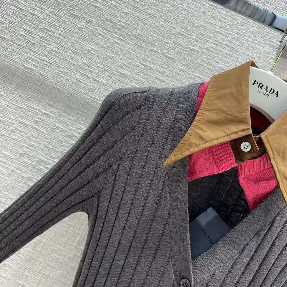 Prada Women Cashmere and Silk Cardigan with Collar-Gray - image 5