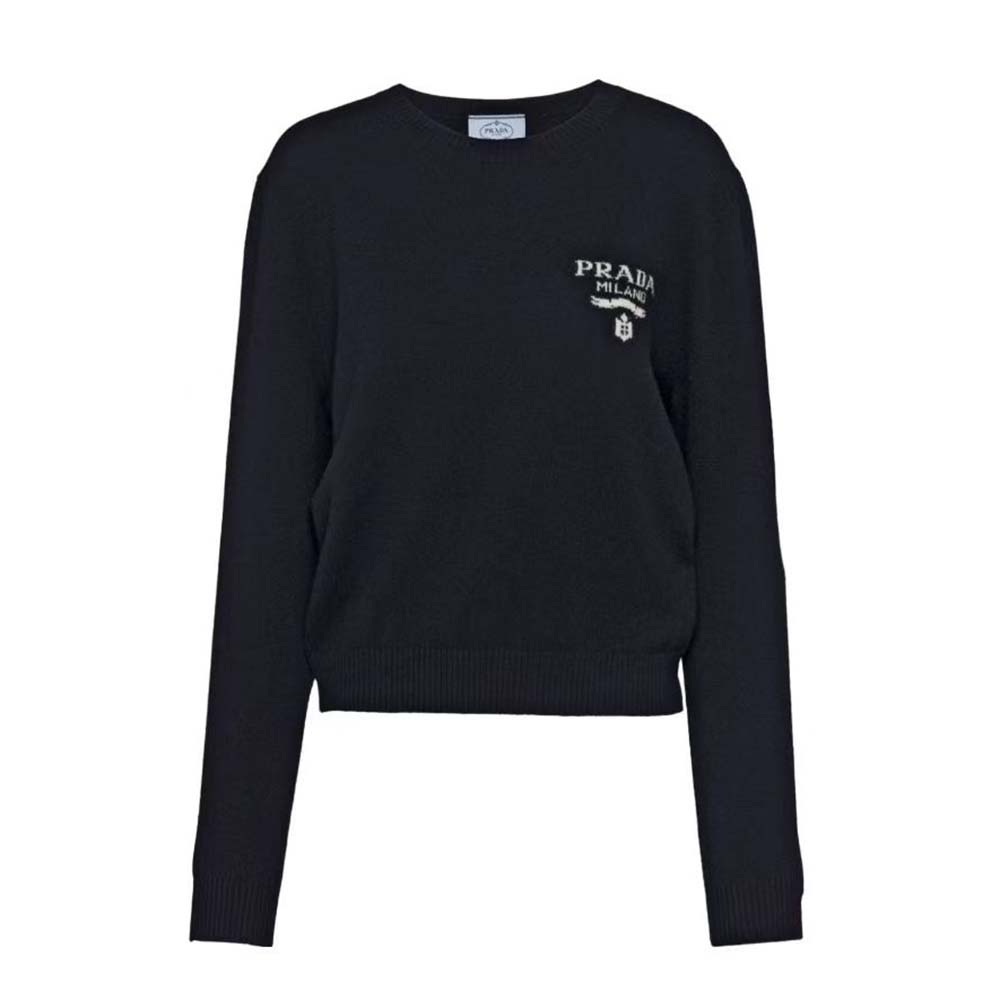 Front view of Prada Women Cashmere and Silk Sweater With Intarsia Logo-Black