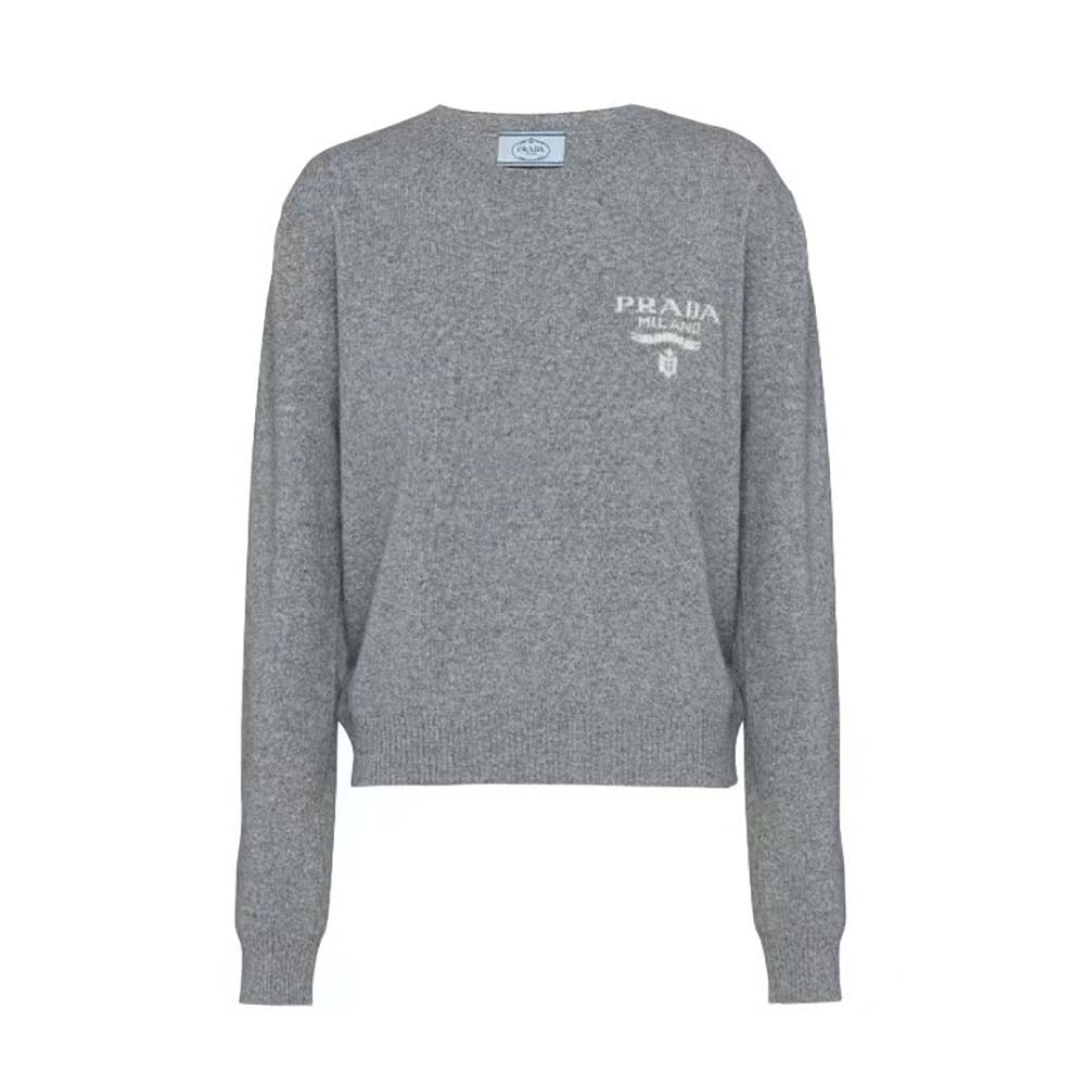 Front view of Prada Women Cashmere and Silk Sweater With Intarsia Logo-Silver