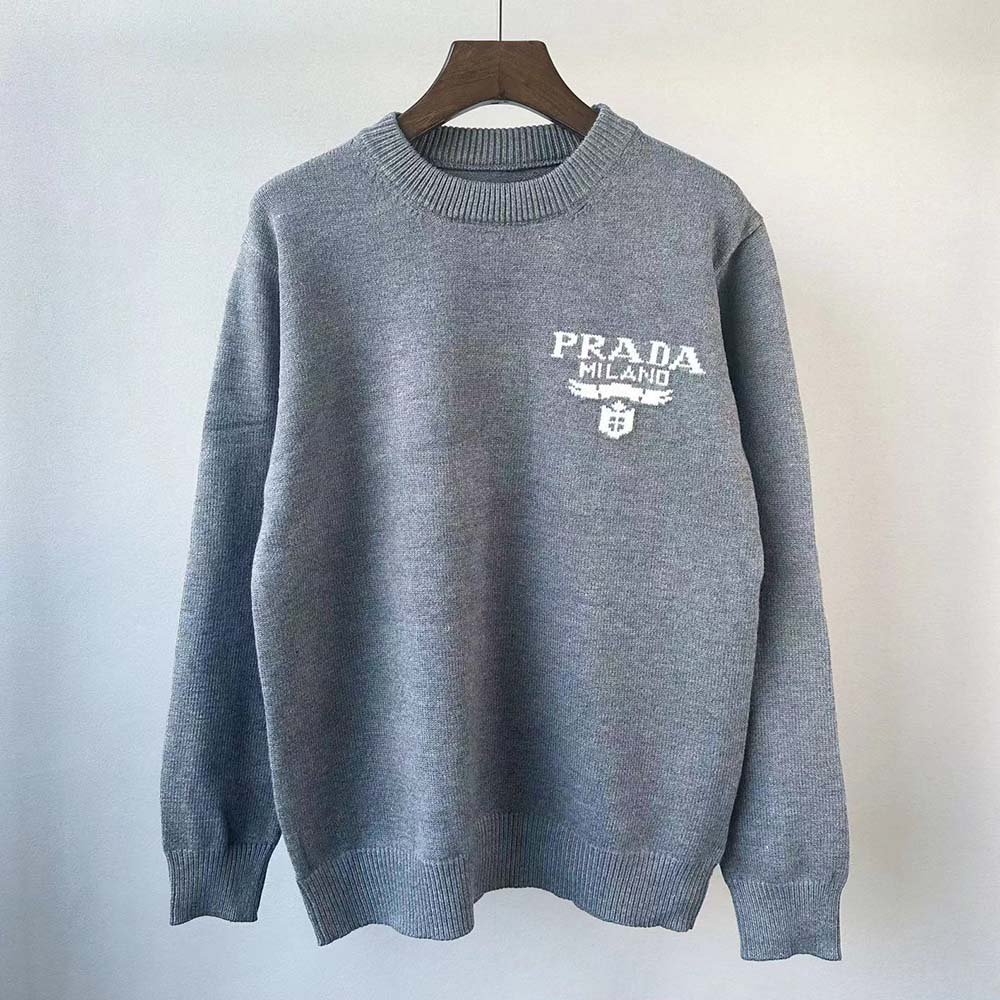 Close-up of intarsia logo detail on Prada Women Cashmere and Silk Sweater Silver