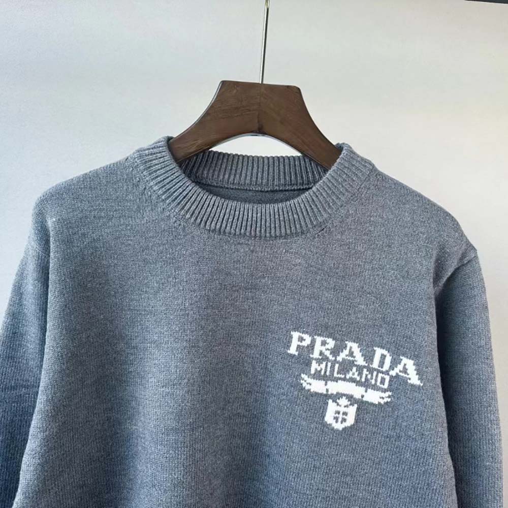Prada Women Cashmere and Silk Sweater With Intarsia Logo-Silver - image 4