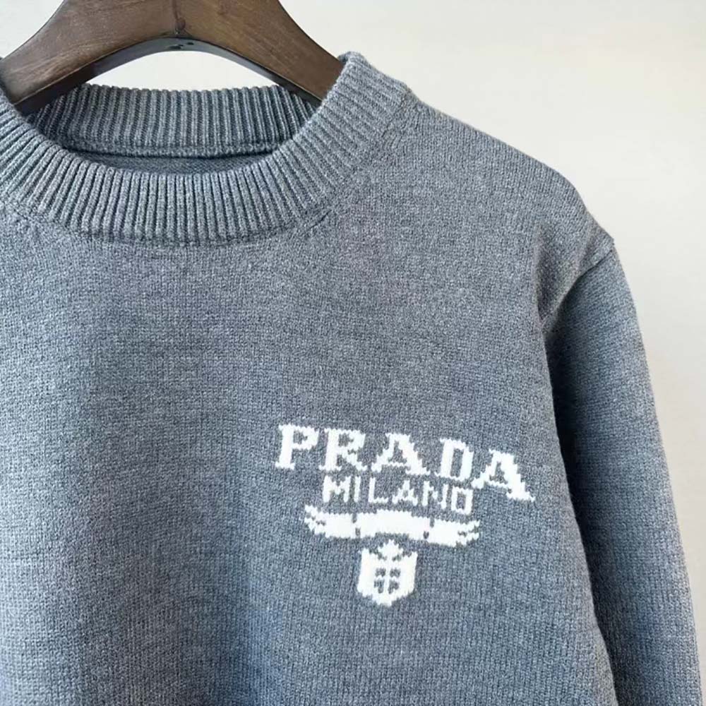 Prada Women Cashmere and Silk Sweater With Intarsia Logo-Silver - image 5