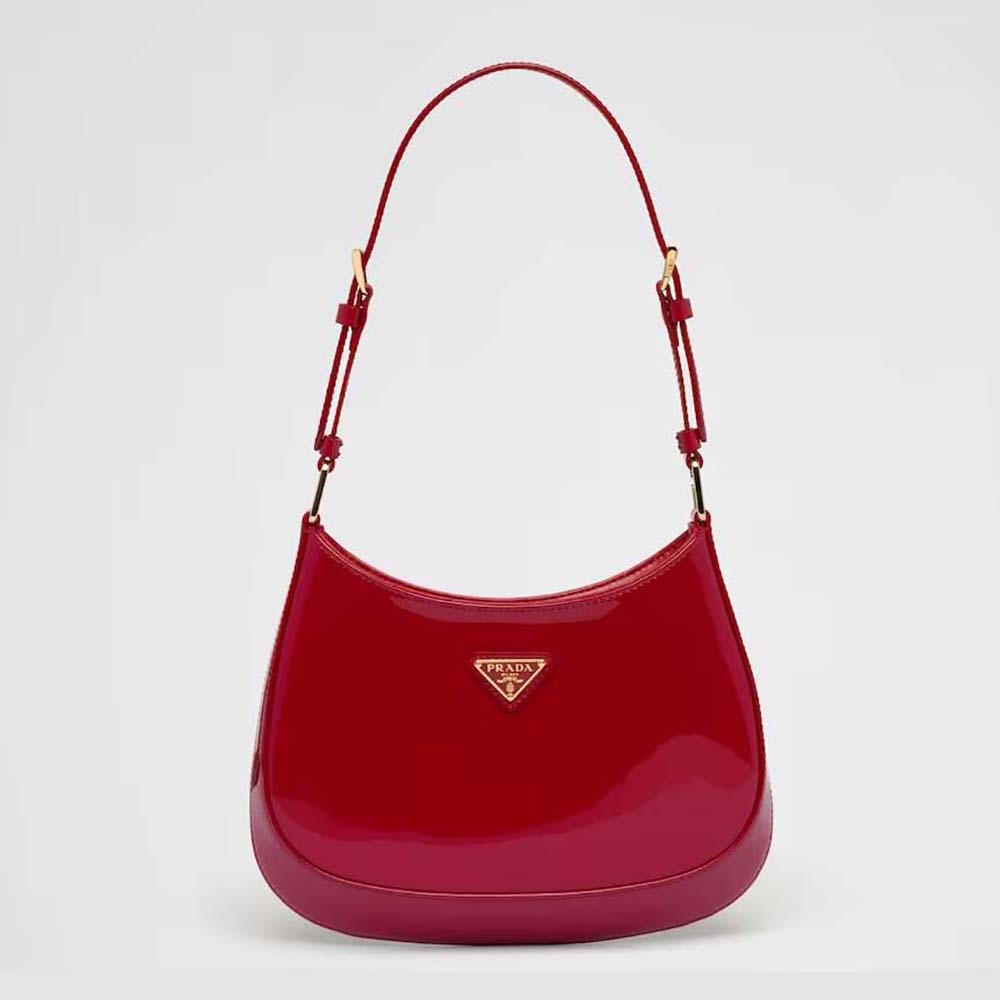 Front view of Prada Women Cleo Patent Leather Bag-Red showing glossy red finish