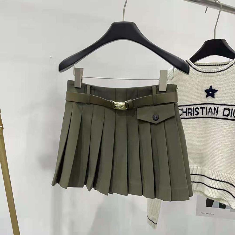 Close-up of waistband and button detail on Prada Women Gabardine Miniskirt-Green
