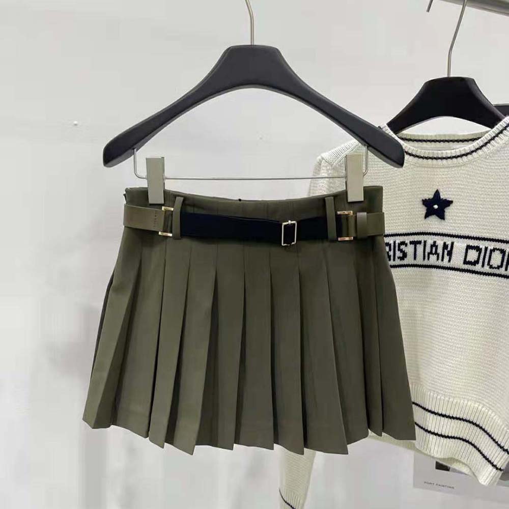 Side angle showing silhouette and fabric texture of Prada Women Gabardine Miniskirt-Green