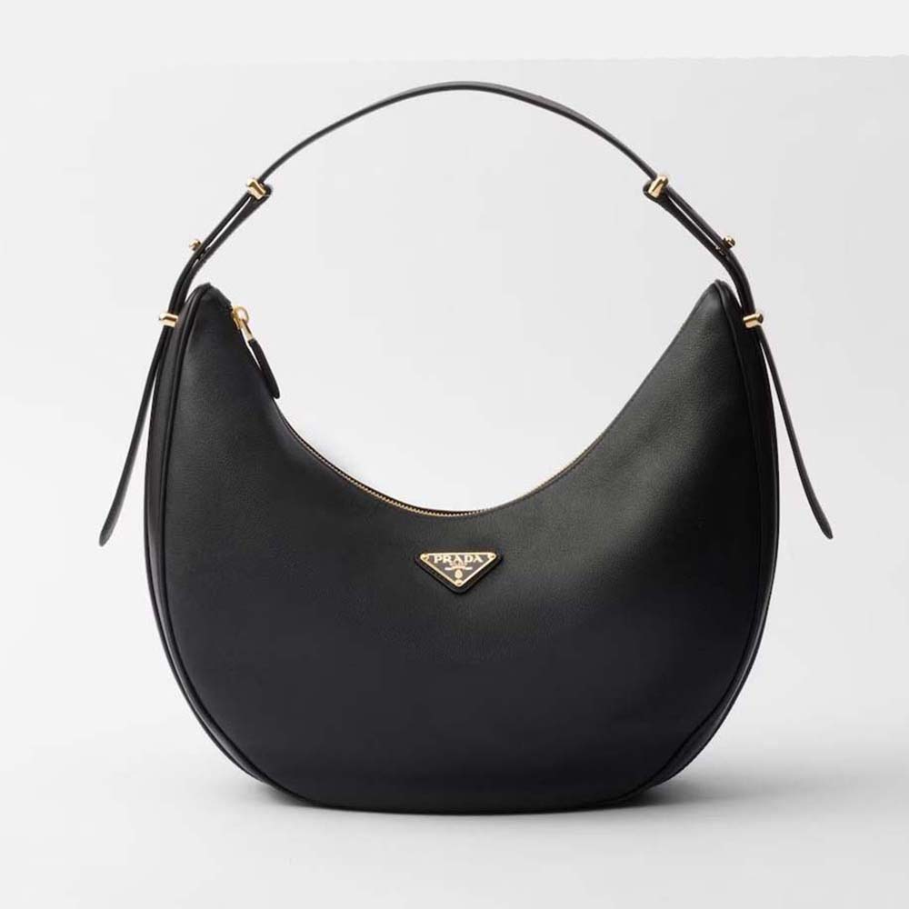 Front angled view of Prada Women Large Leather Shoulder Bag-Black