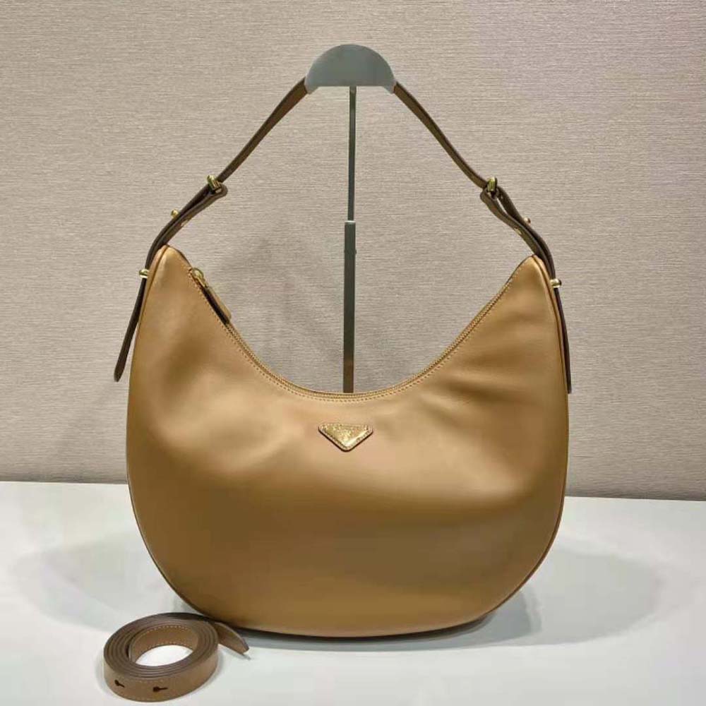 Close-up of Prada Women Large Leather Shoulder Bag-Brown gold-tone hardware detail