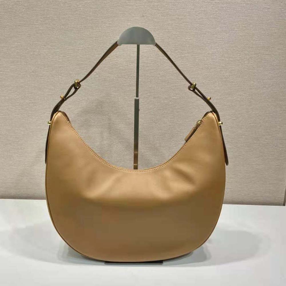 Side angle of Prada Women Large Leather Shoulder Bag-Brown highlighting silhouette