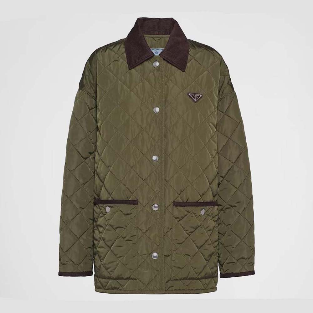 Front view of Prada Women Light Re-Nylon Jacket Dark Green with zip