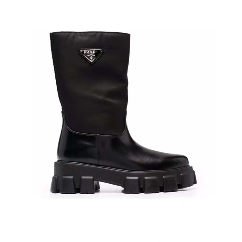 Side profile of Prada Women Monolith Leather and Nylon Boots-Black