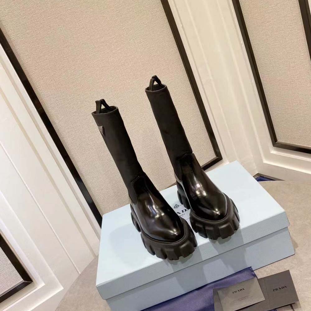 Top view showing texture and construction of Prada Monolith boots