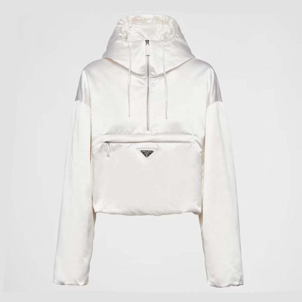 Front view of Prada Women Padded Duchesse Jacket white with logo