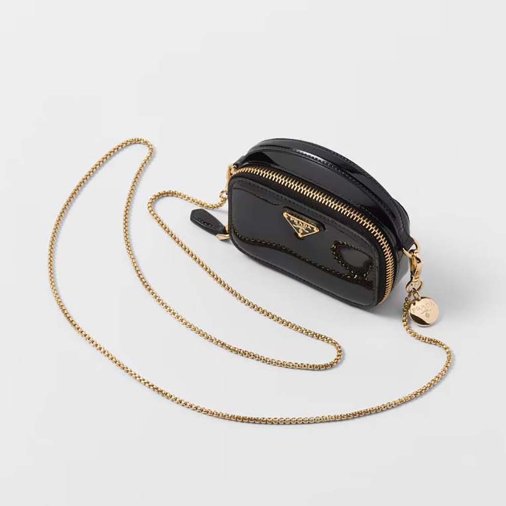 Front view of Prada Women Patent Leather Mini-pouch-Black with zip open