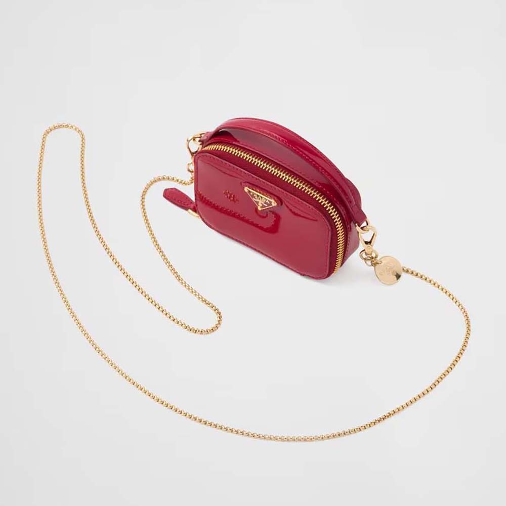 Front view of Prada Women Patent Leather Mini-pouch-Red with silver hardware