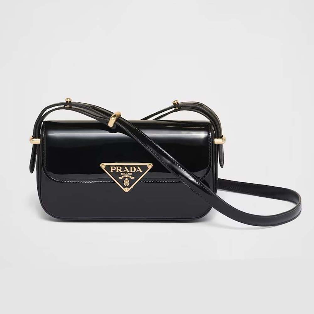 Front view of Prada Women Patent Leather Shoulder Bag with Flap-Black showing flap closure