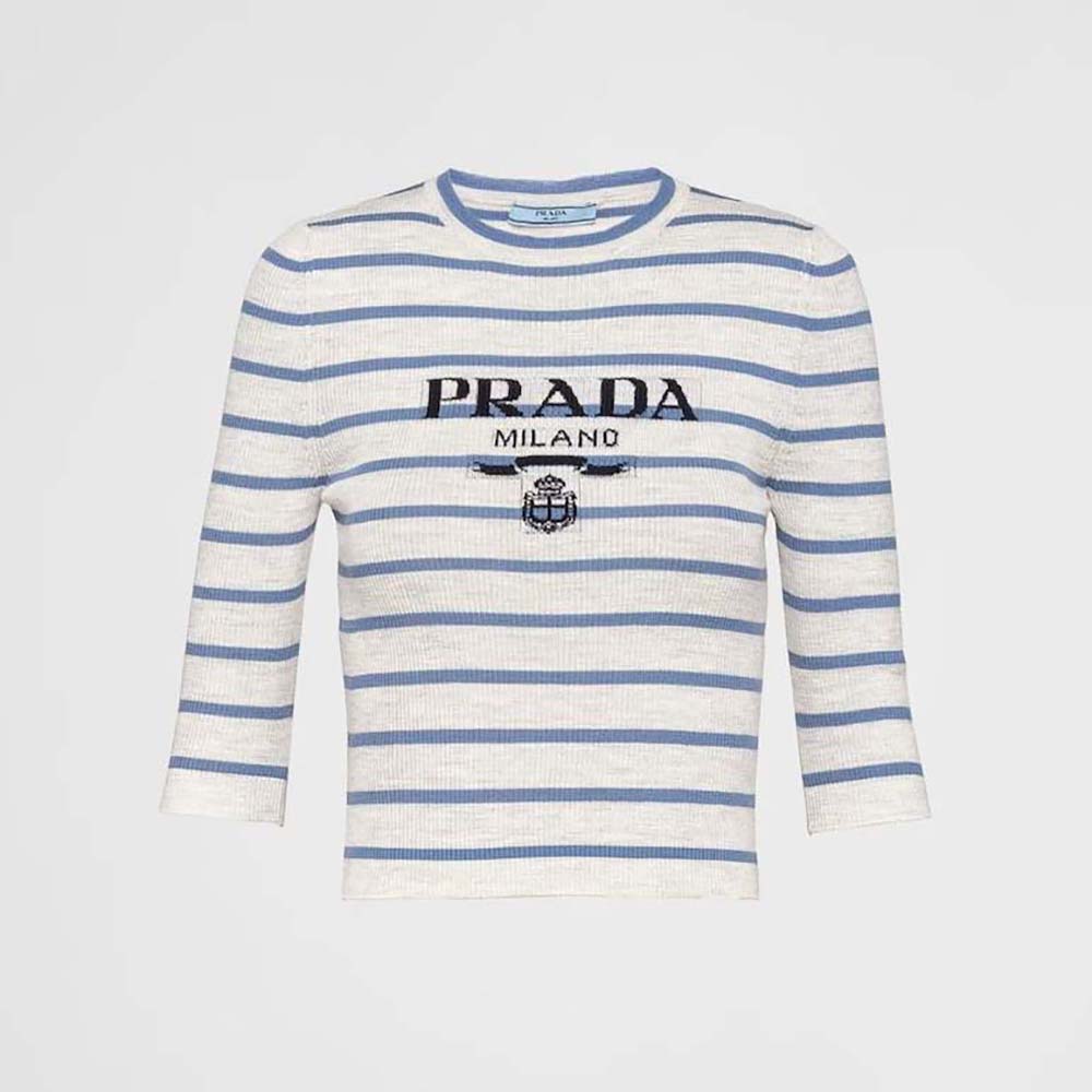 Front view of Prada Women Superfine Wool Crew-neck Sweater in blue