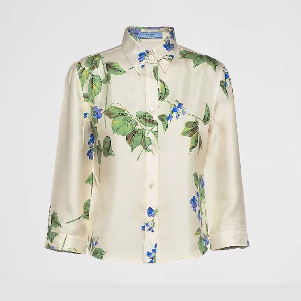 Front view of Prada Women Twill Shirt with Triangle Logo-F0K74 in white