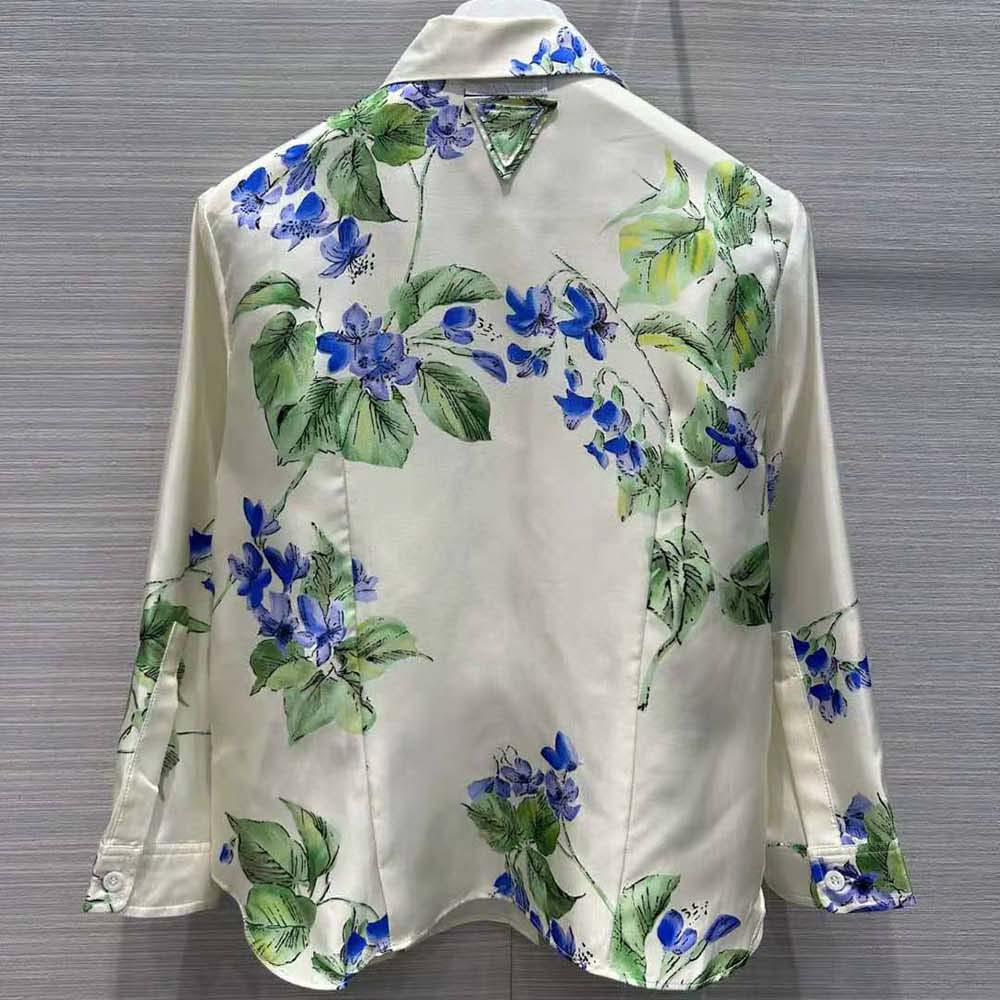 Side angle showing relaxed fit of Prada Women Twill Shirt with Triangle Logo-F0K74