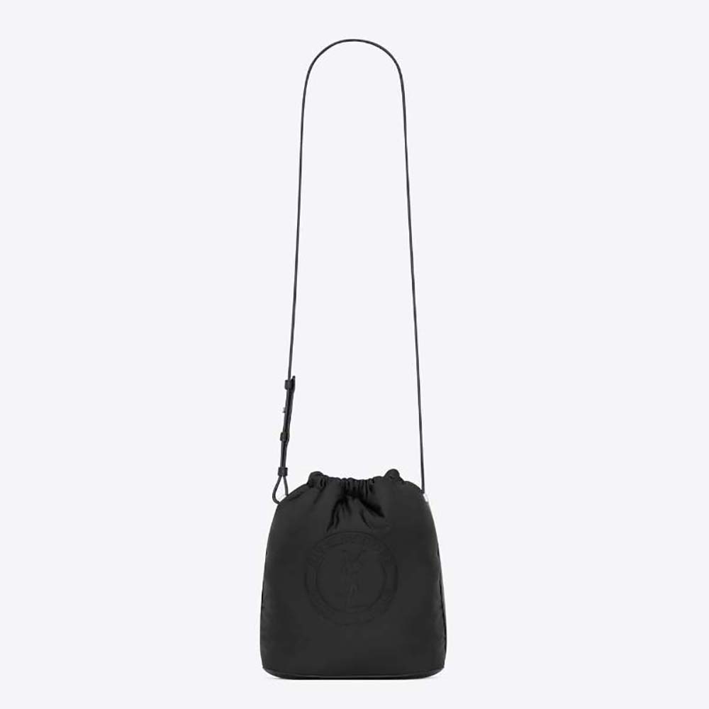 Front view of Saint Laurent YSL Men Rive Gauche Laced Bucket Bag in black