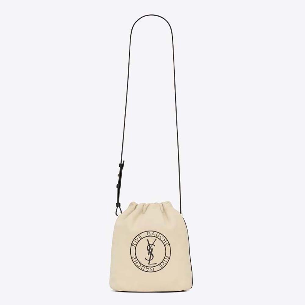 Front view of Saint Laurent YSL Men Rive Gauche Laced Bucket Bag beige leather