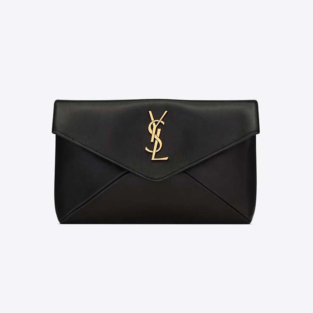 Front view of Saint Laurent YSL Women Cassandre Small Envelope Pouch in Black lambskin