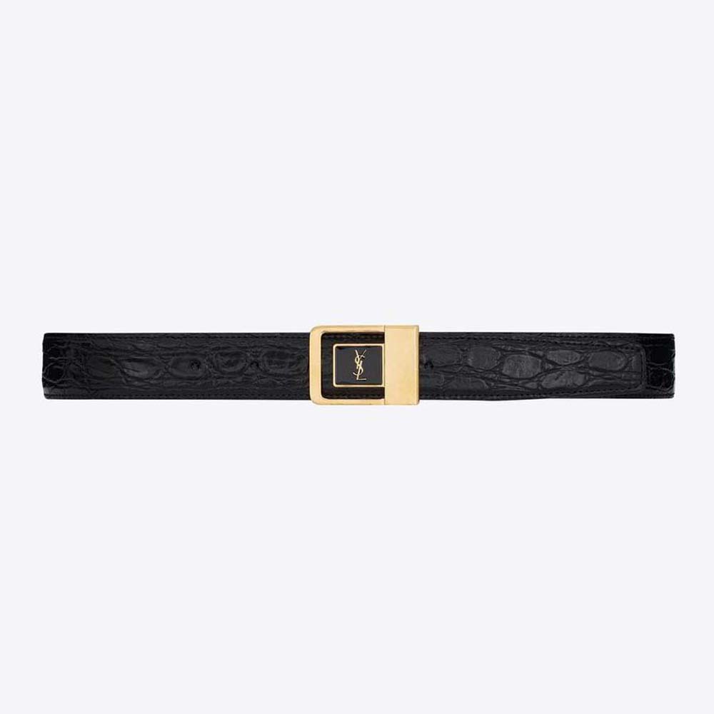 Front angle view of Saint Laurent YSL Women La 66 Buckle Belt in Crocodile-embossed Leather-Black